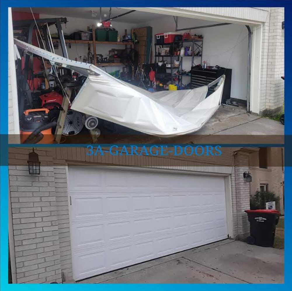 Damaged garage door before and after replacement